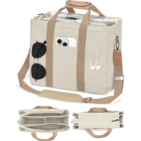 Light Khaki Canvas Tote Bag Large Work Bible Crossbody College Purse with Multip - Picture 1 of 6